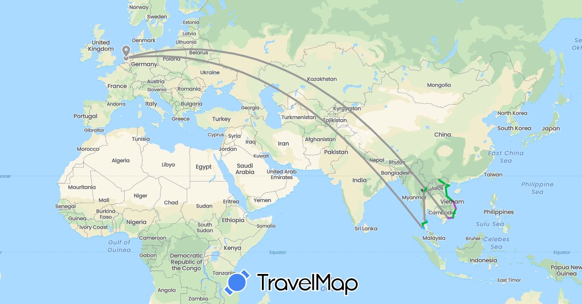 TravelMap itinerary: driving, bus, plane, train, boat, motorbike in Netherlands, Thailand, Vietnam (Asia, Europe)